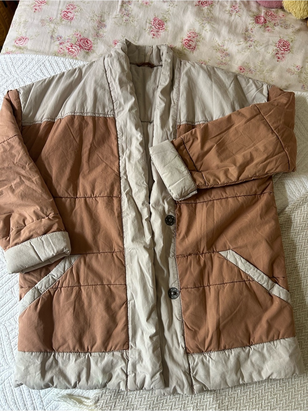 Free People Two-Tone Puffer Jacket in Tan & Cream